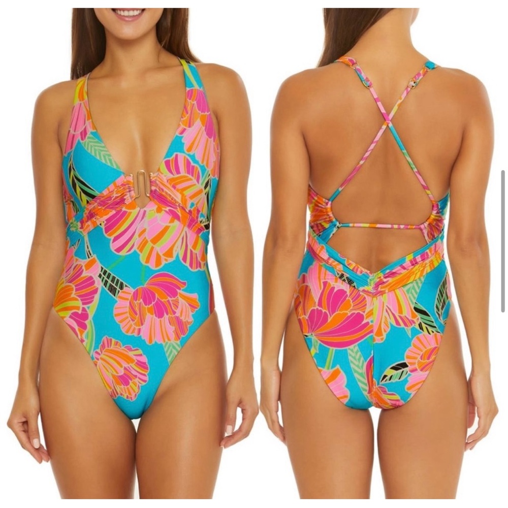 Trina Turk Poppy Plunge One- Piece Swimsuit in Floral Multi Size 10